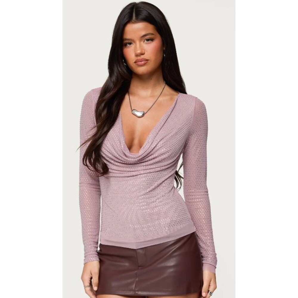 Edikted Marena Rhinestone Cowl Neck Top color mauve size large